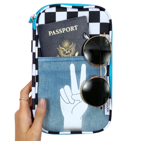 Yoobi Peace Sign Denim Checkerboard Organizer Pencil Case 7 Pocket Zip Around - Picture 4 of 15